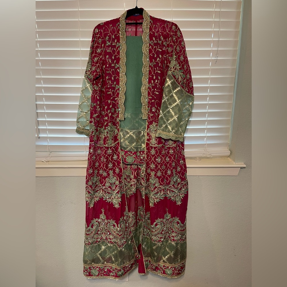 Elegant Pink and Green Embroidered South Asian Dress